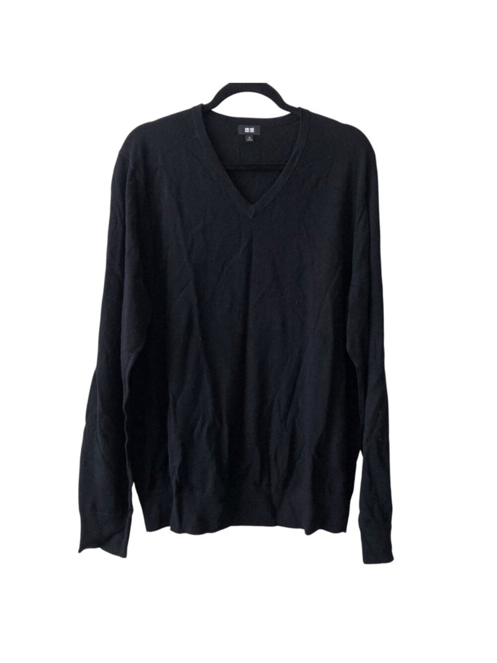Men's Uniqlo Solid Black V-neck Long Sleeve Wool Sweater XL